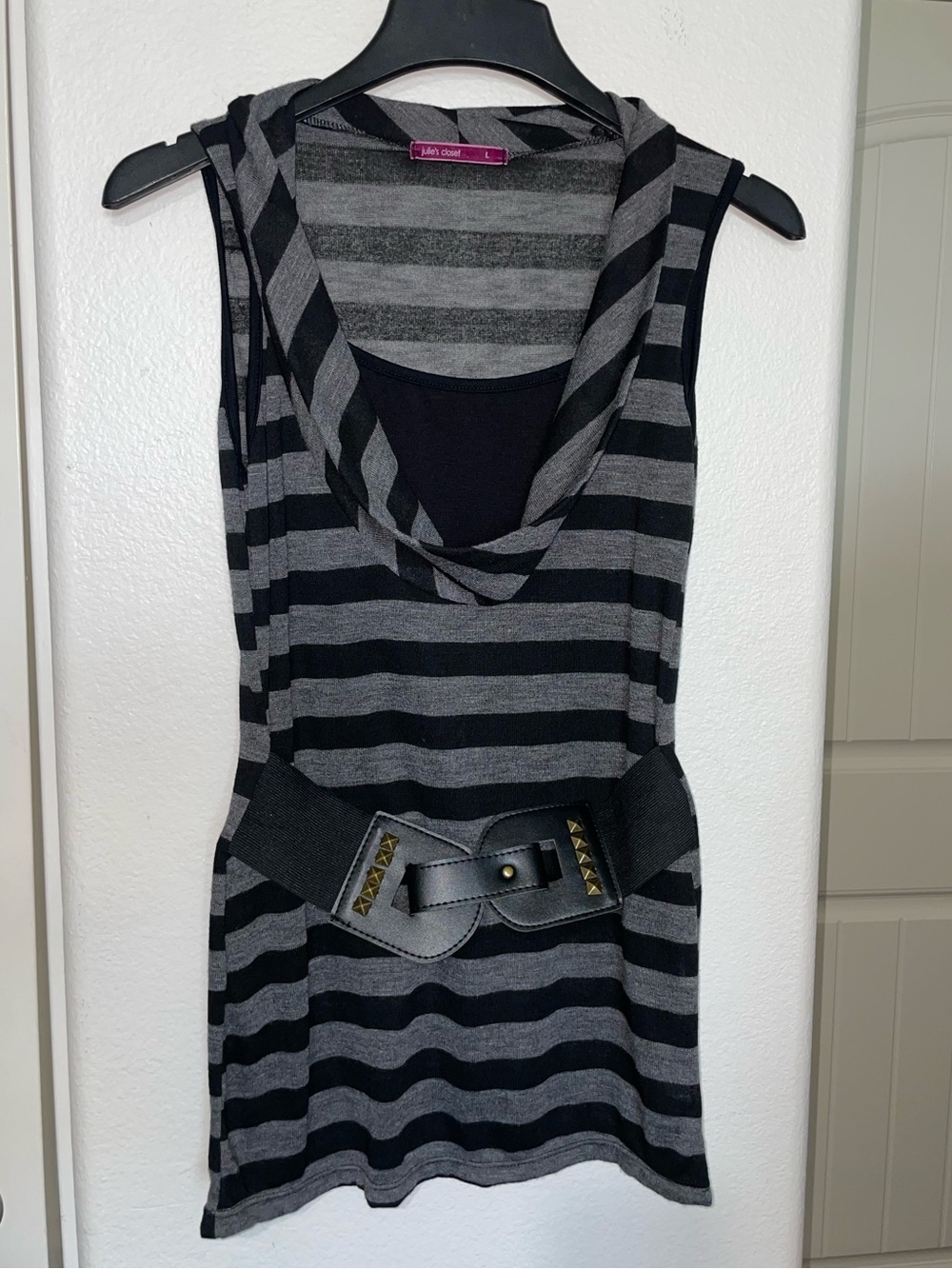 Late 2000’s Julie’s Closet Black and Gray Stripe Mini Dress with Studded Belt